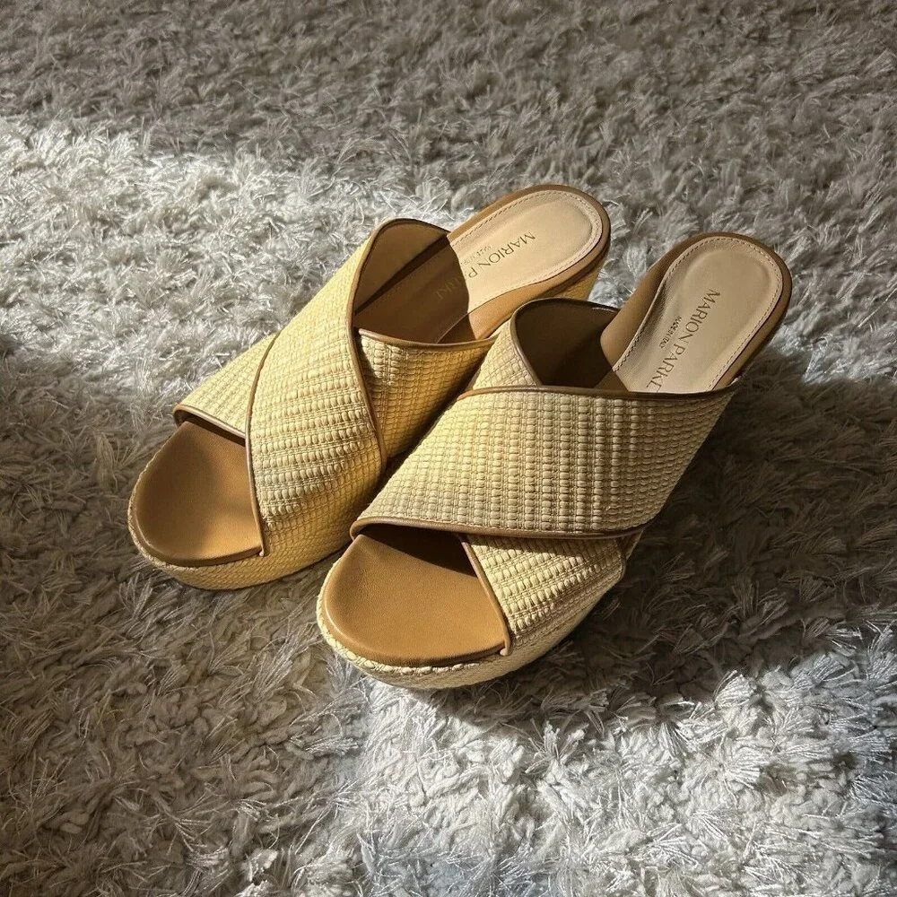 MARION PARKE Yellow Woven Crisscross Wedge Sandals